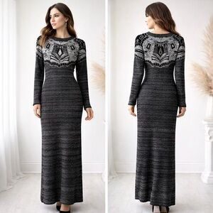 Vtg Y2K Art deco Formal Black Silver Knit Maxi Dress Metallic Jewel Bead Sz S